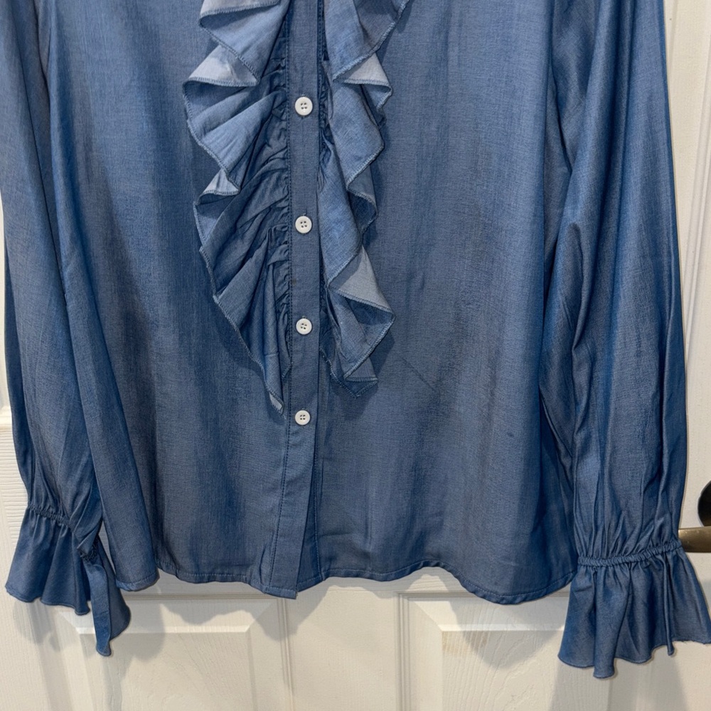Chic Blue Ruffle Button Down Shirt - image 6